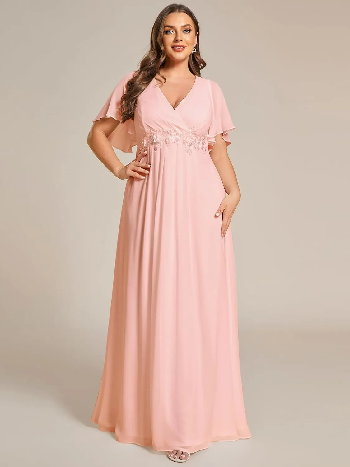 Ever-Pretty Women's Chiffon V Neck Short Sleeves Appliques Plus Size Dresses for Curvy Women Formal Dresses 01960-DA