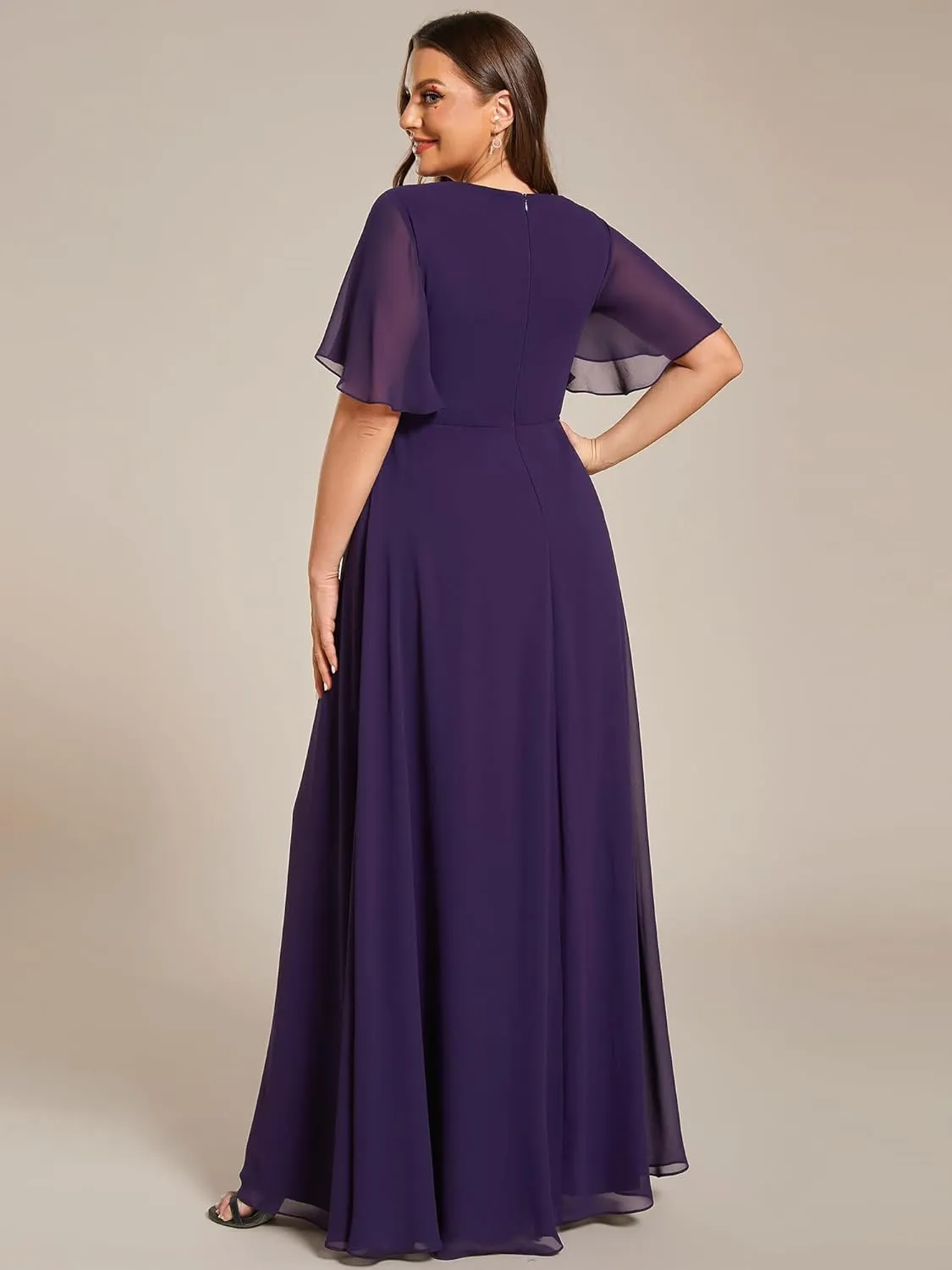 Ever-Pretty Women's Chiffon V Neck Short Sleeves Appliques Plus Size Dresses for Curvy Women Formal Dresses 01960-DA