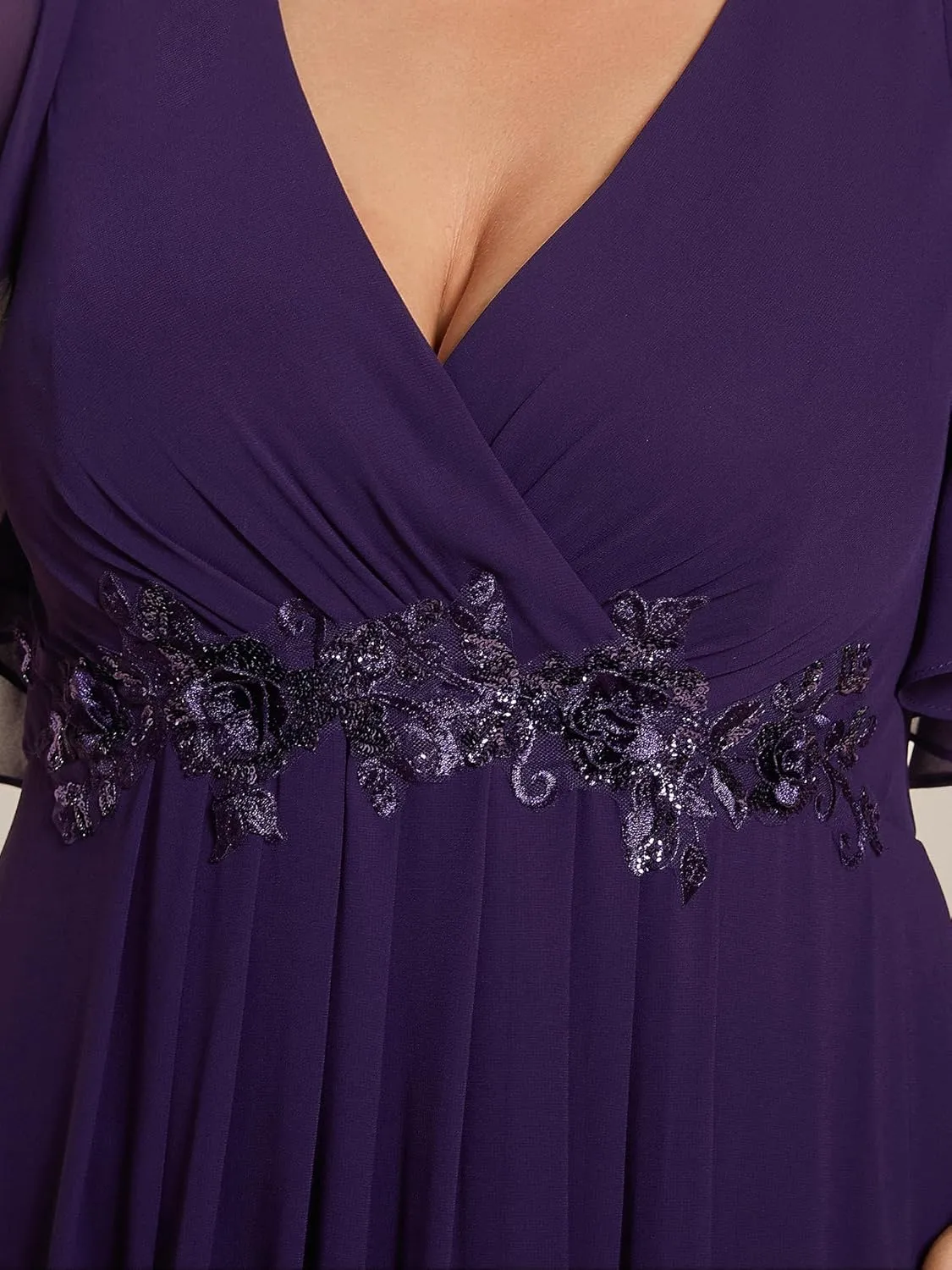 Ever-Pretty Women's Chiffon V Neck Short Sleeves Appliques Plus Size Dresses for Curvy Women Formal Dresses 01960-DA