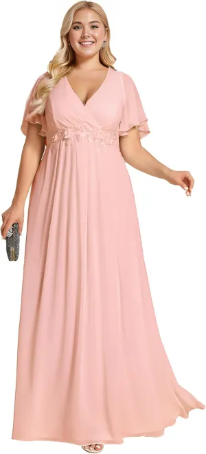 Ever-Pretty Women's Chiffon V Neck Short Sleeves Appliques Plus Size Dresses for Curvy Women Formal Dresses 01960-DA