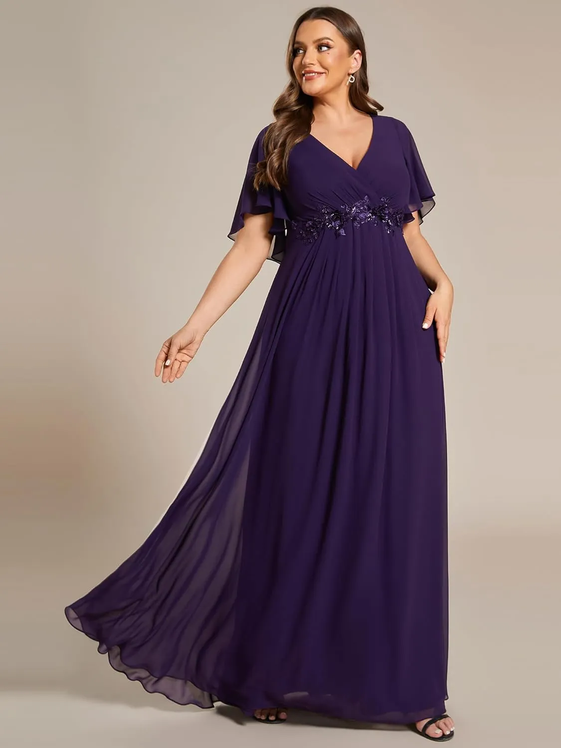 Ever-Pretty Women's Chiffon V Neck Short Sleeves Appliques Plus Size Dresses for Curvy Women Formal Dresses 01960-DA