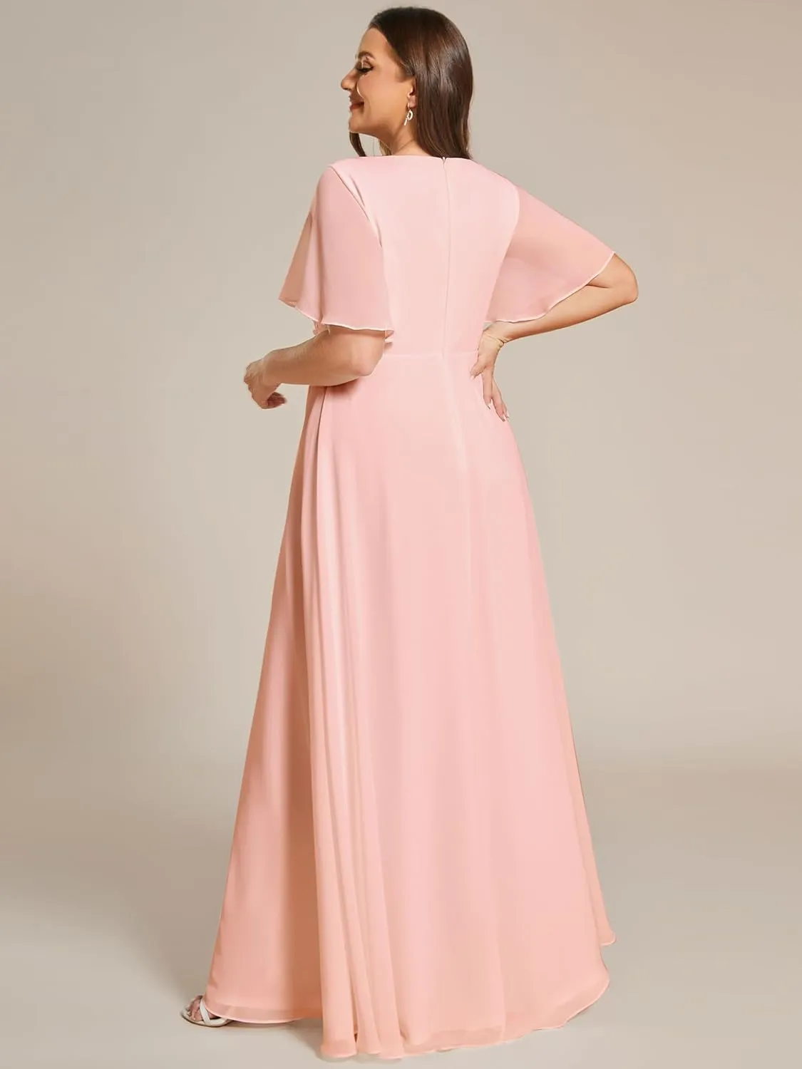 Ever-Pretty Women's Chiffon V Neck Short Sleeves Appliques Plus Size Dresses for Curvy Women Formal Dresses 01960-DA