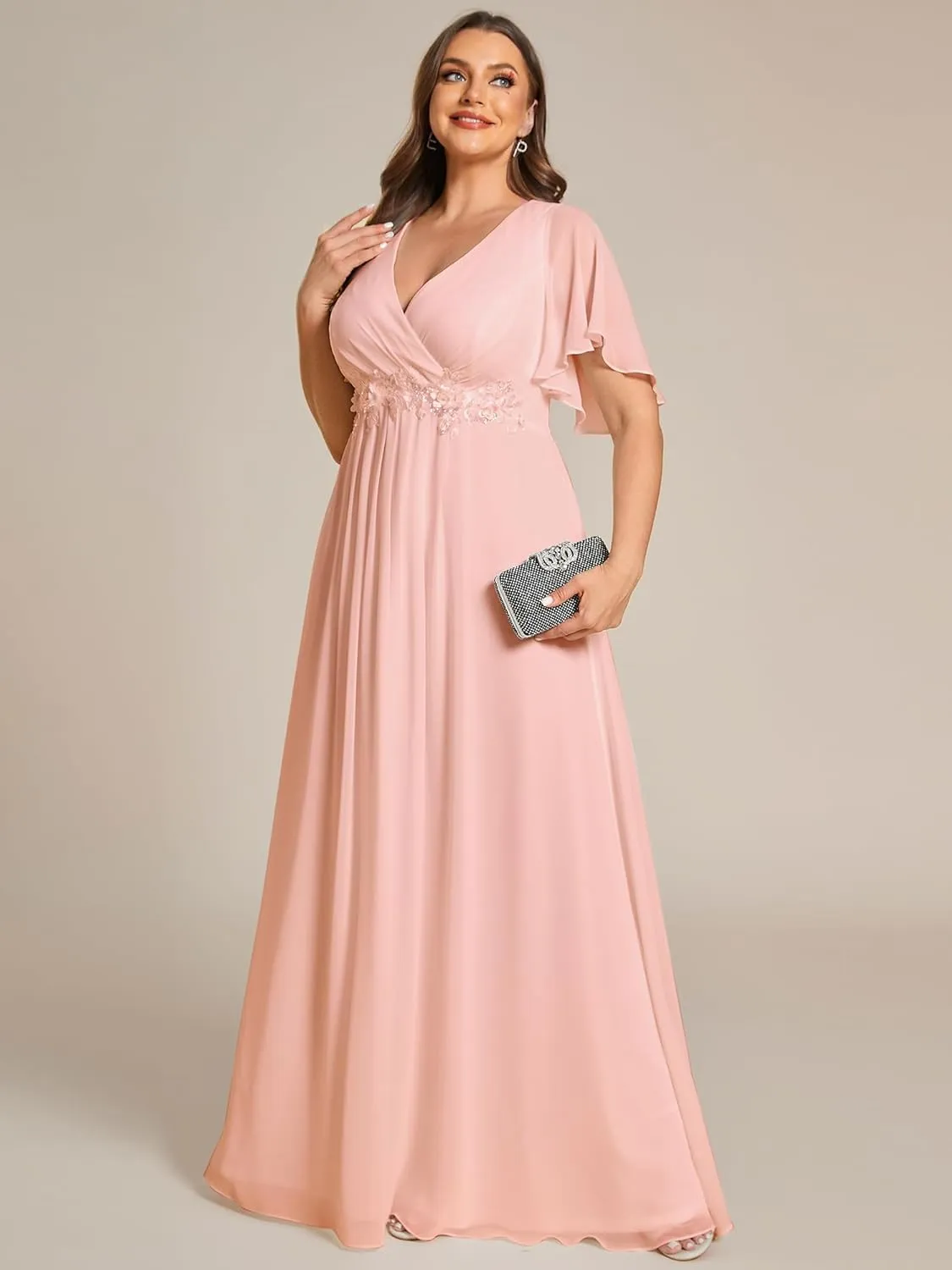 Ever-Pretty Women's Chiffon V Neck Short Sleeves Appliques Plus Size Dresses for Curvy Women Formal Dresses 01960-DA