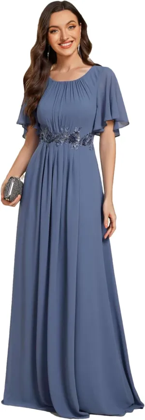 Ever-Pretty Women's Classic Round Neck Pleated Short Sleeves Chiffon Appliques Floor Length A Line Evening Dresses 02960