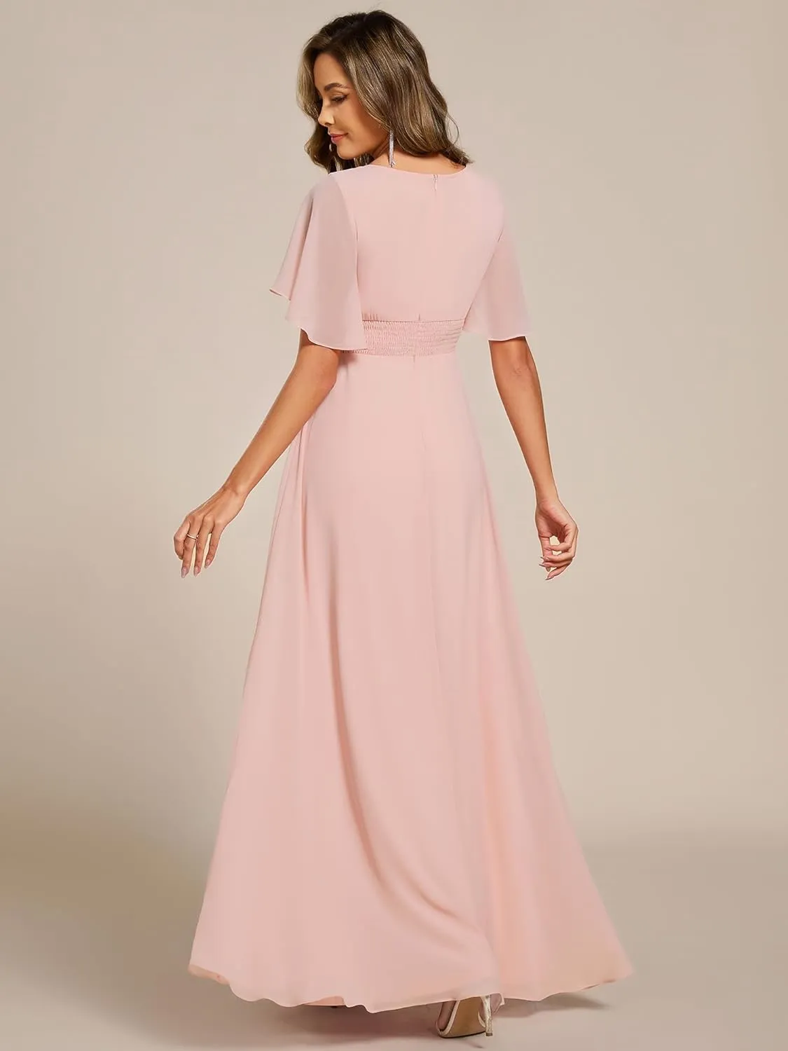 Ever-Pretty Women's Classic Round Neck Pleated Short Sleeves Chiffon Appliques Floor Length A Line Evening Dresses 02960