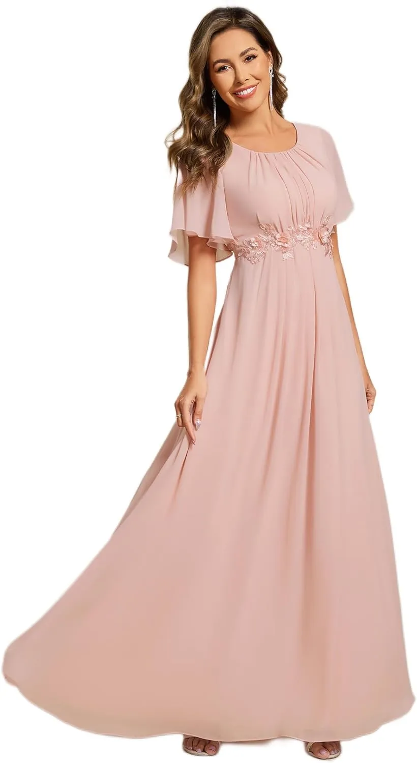 Ever-Pretty Women's Classic Round Neck Pleated Short Sleeves Chiffon Appliques Floor Length A Line Evening Dresses 02960