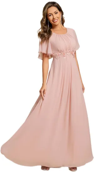 Ever-Pretty Women's Classic Round Neck Pleated Short Sleeves Chiffon Appliques Floor Length A Line Evening Dresses 02960
