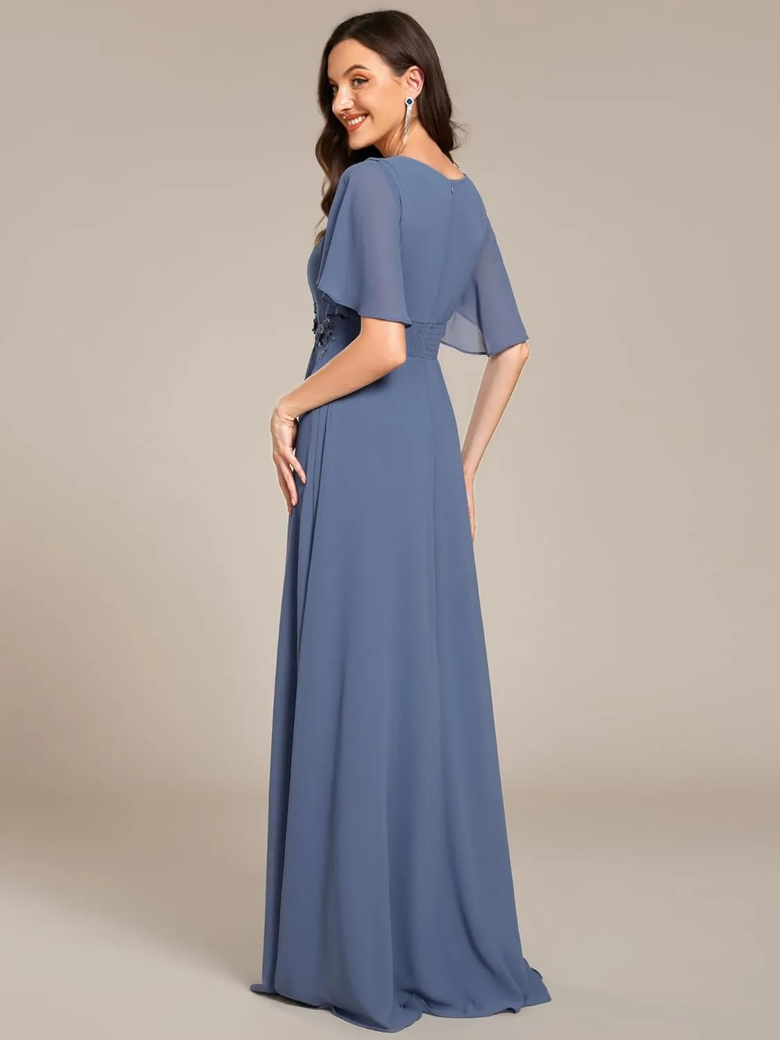 Ever-Pretty Women's Classic Round Neck Pleated Short Sleeves Chiffon Appliques Floor Length A Line Evening Dresses 02960