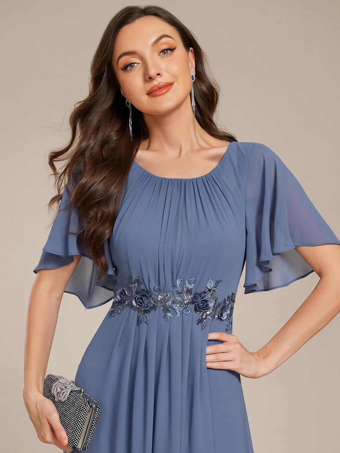 Ever-Pretty Women's Classic Round Neck Pleated Short Sleeves Chiffon Appliques Floor Length A Line Evening Dresses 02960