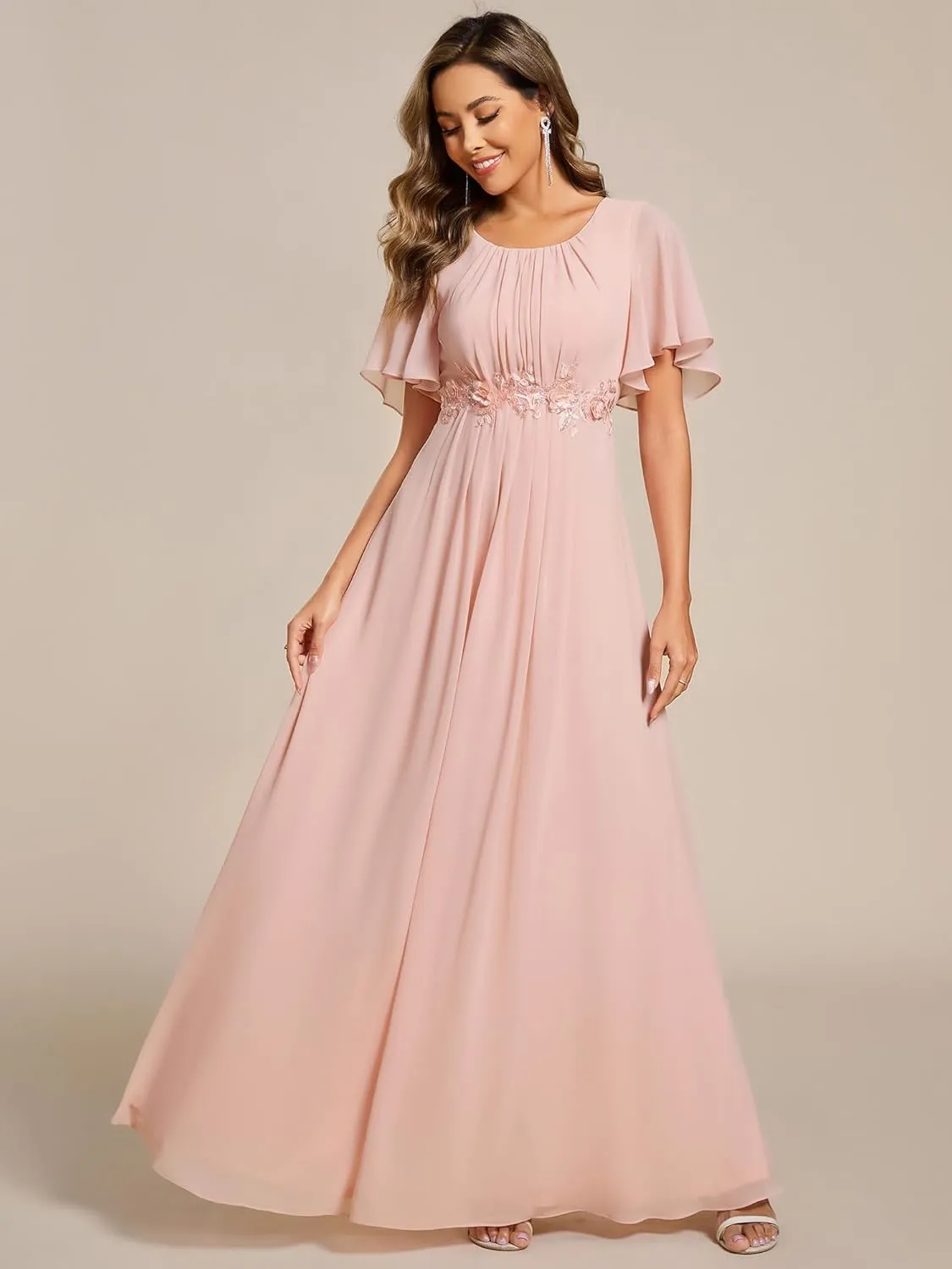 Ever-Pretty Women's Classic Round Neck Pleated Short Sleeves Chiffon Appliques Floor Length A Line Evening Dresses 02960