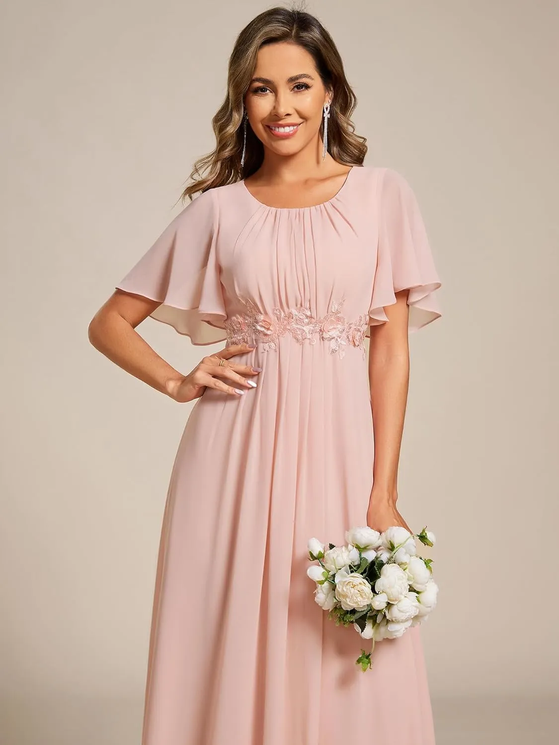 Ever-Pretty Women's Classic Round Neck Pleated Short Sleeves Chiffon Appliques Floor Length A Line Evening Dresses 02960