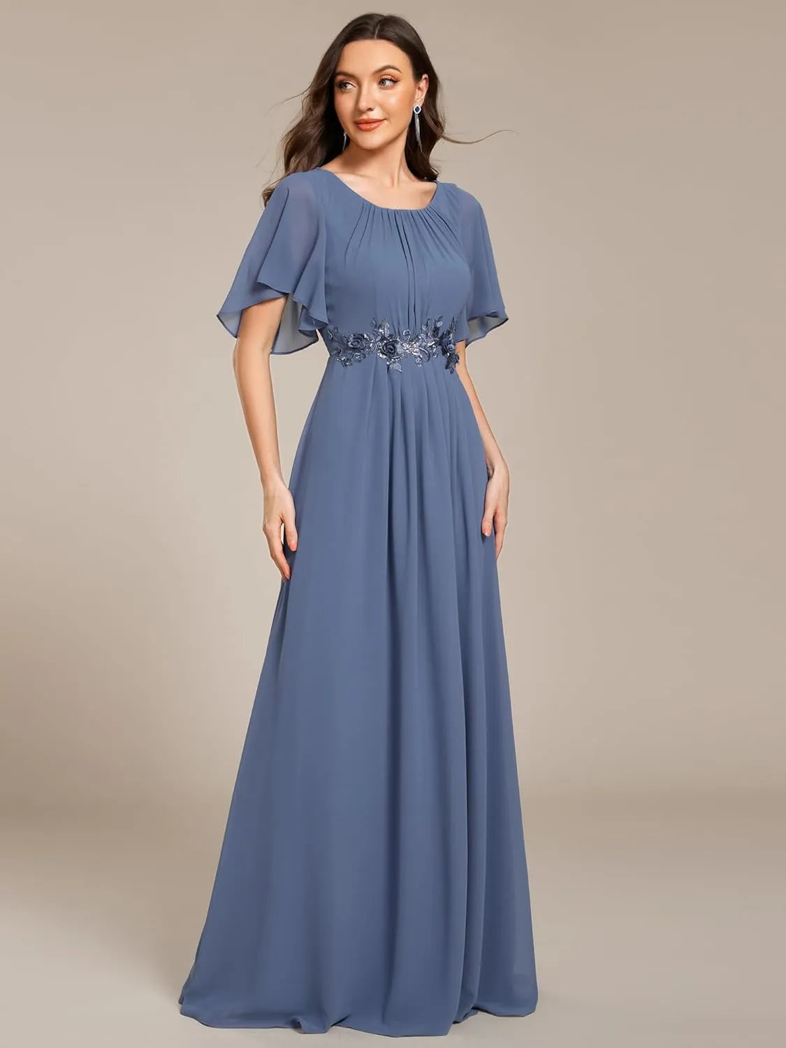 Ever-Pretty Women's Classic Round Neck Pleated Short Sleeves Chiffon Appliques Floor Length A Line Evening Dresses 02960