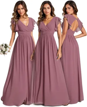 Ever-Pretty Women's Flowy Chiffon A Line Ruffles Sleeves Back Cutout Bridesmaid Dresses 01819