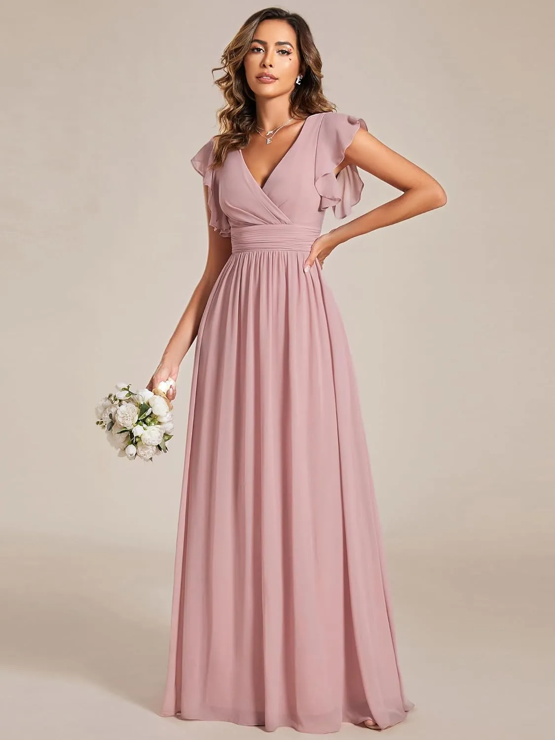 Ever-Pretty Women's Flowy Chiffon A Line Ruffles Sleeves Back Cutout Bridesmaid Dresses 01819