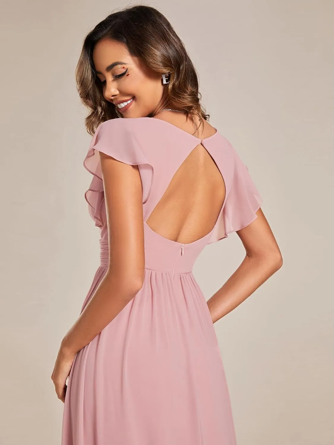Ever-Pretty Women's Flowy Chiffon A Line Ruffles Sleeves Back Cutout Bridesmaid Dresses 01819