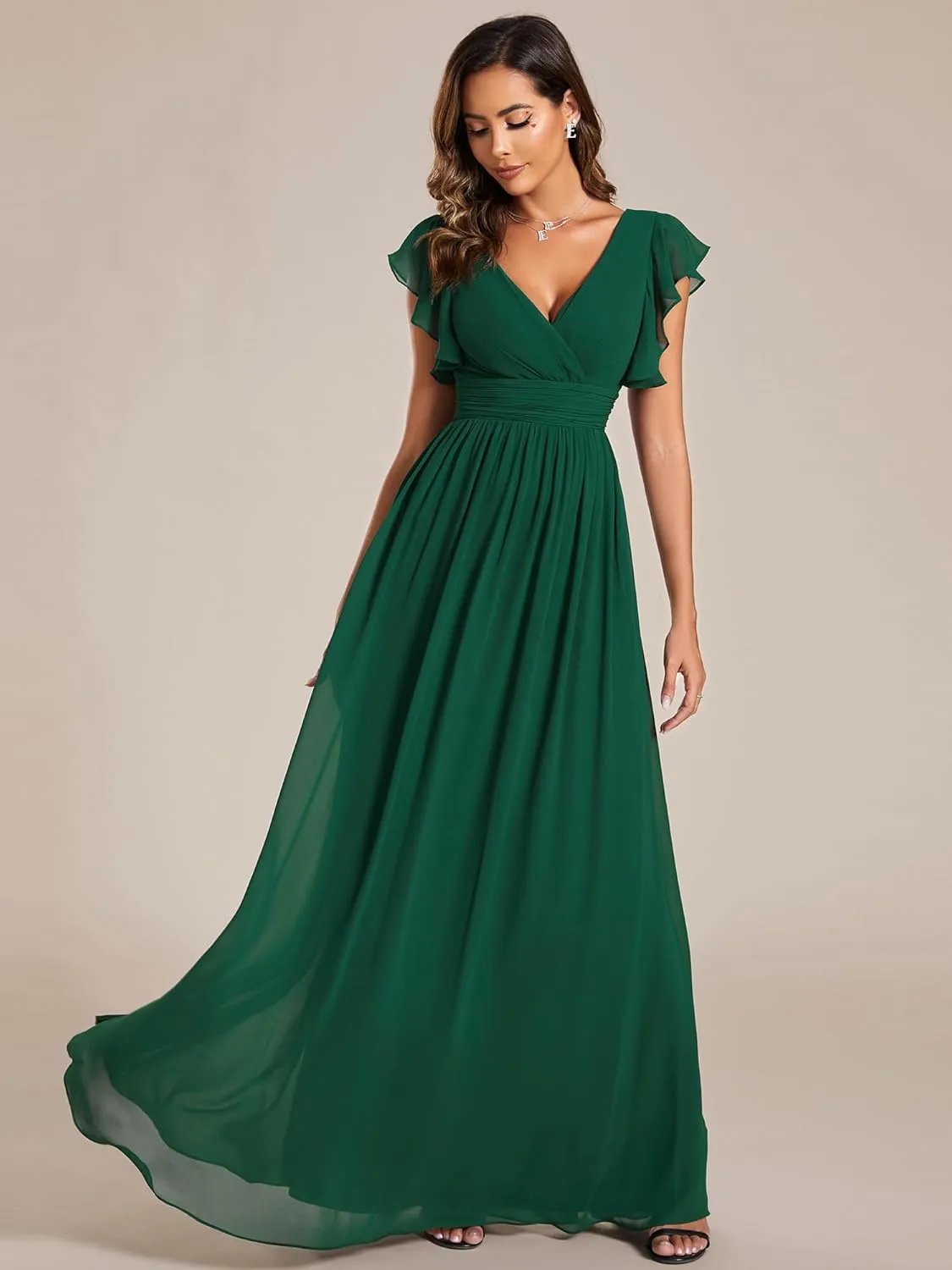 Ever-Pretty Women's Flowy Chiffon A Line Ruffles Sleeves Back Cutout Bridesmaid Dresses 01819