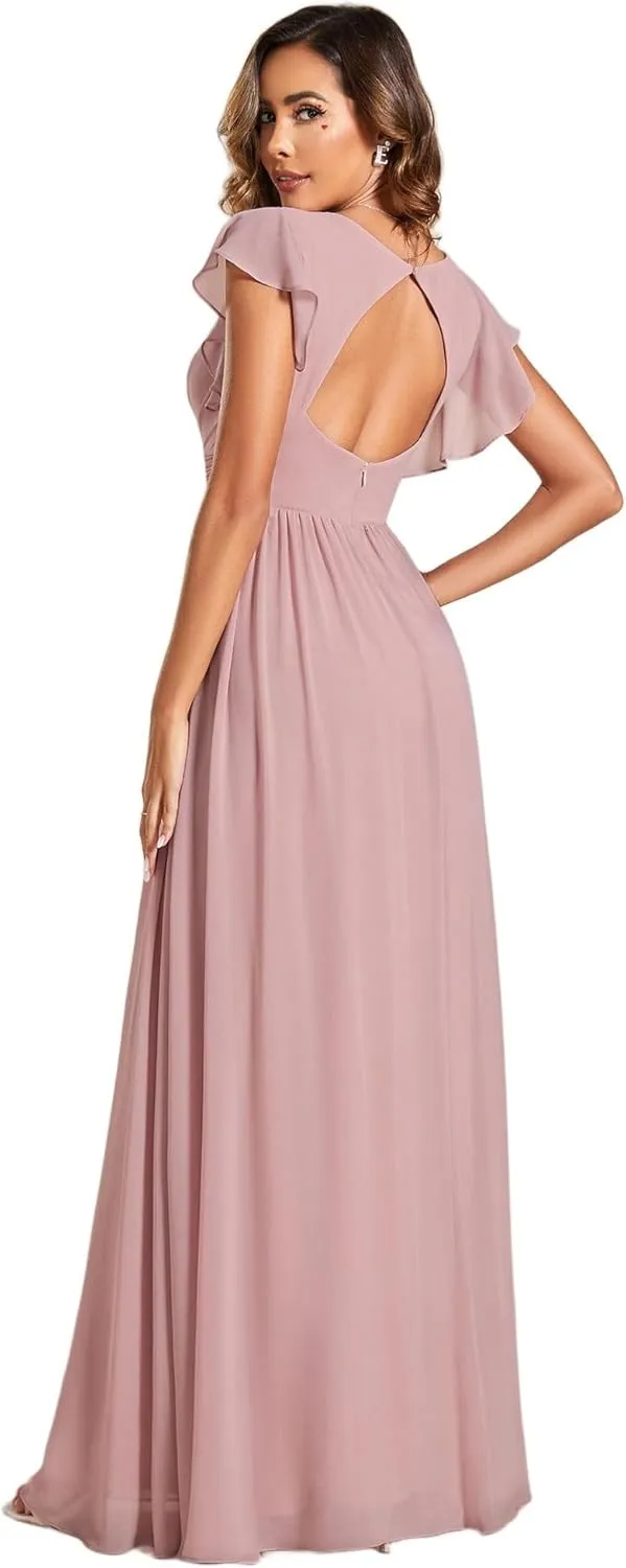 Ever-Pretty Women's Flowy Chiffon A Line Ruffles Sleeves Back Cutout Bridesmaid Dresses 01819