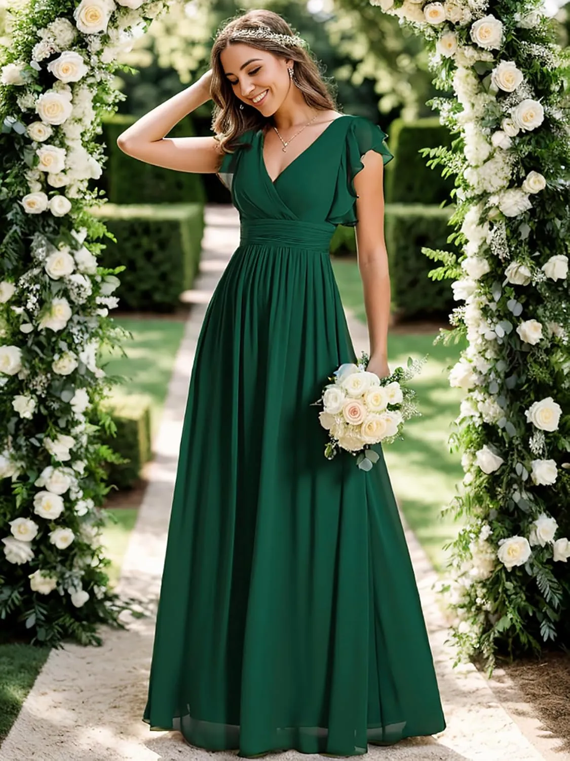 Ever-Pretty Women's Flowy Chiffon A Line Ruffles Sleeves Back Cutout Bridesmaid Dresses 01819