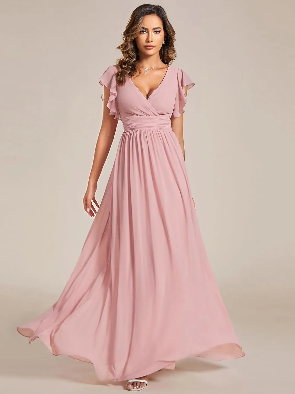 Ever-Pretty Women's Flowy Chiffon A Line Ruffles Sleeves Back Cutout Bridesmaid Dresses 01819