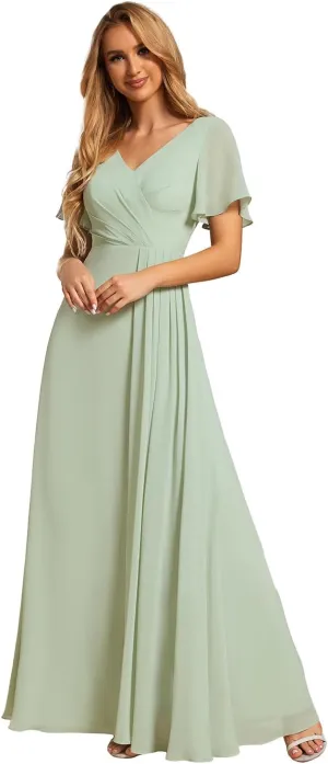 Ever-Pretty Women's Formal Dresses Flutter Short Sleeve Floor Length Dress 2024 High Waist Evening Dresses 0050