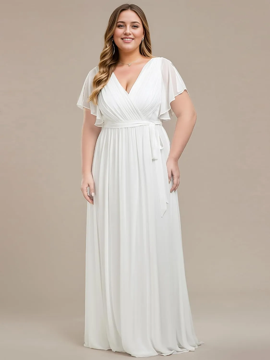 Ever-Pretty Women's V Neck A Line Ruched Ruffles Sleeves Chiffon Floor Length Plus Size Bridal Dresses