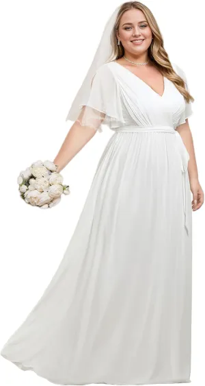 Ever-Pretty Women's V Neck A Line Ruched Ruffles Sleeves Chiffon Floor Length Plus Size Bridal Dresses