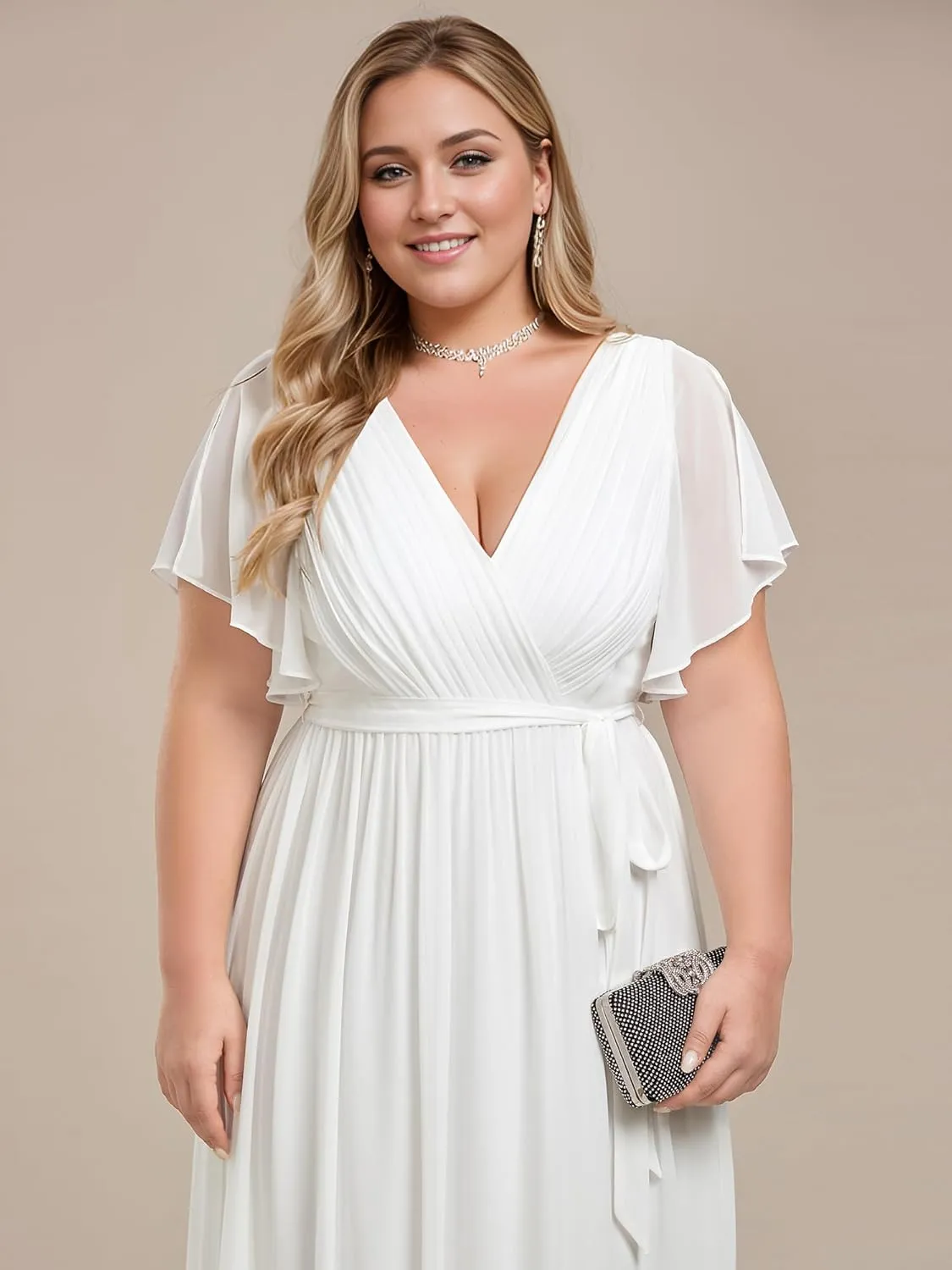Ever-Pretty Women's V Neck A Line Ruched Ruffles Sleeves Chiffon Floor Length Plus Size Bridal Dresses