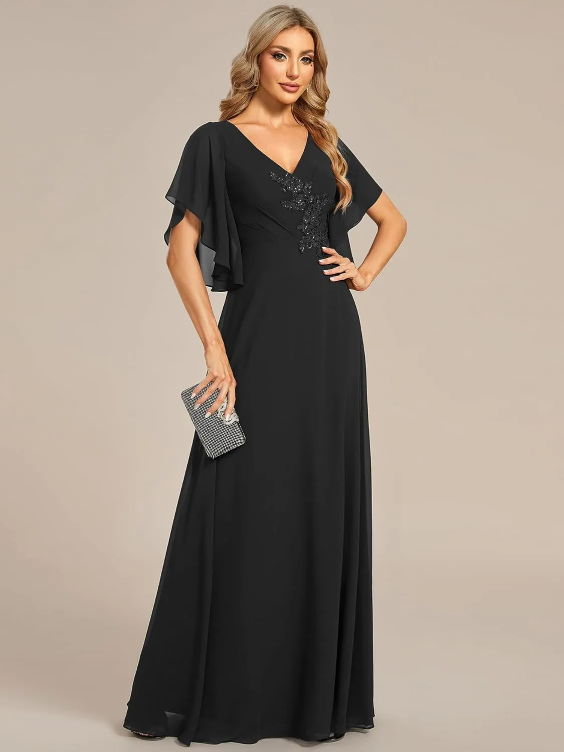Ever-Pretty Women's V Neck Half Sleeves A Line Applique Maxi Evening Dresses 02033
