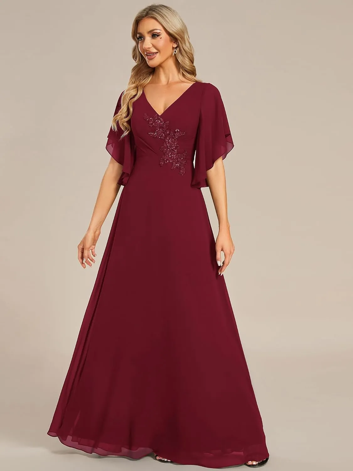 Ever-Pretty Women's V Neck Half Sleeves A Line Applique Maxi Evening Dresses 02033
