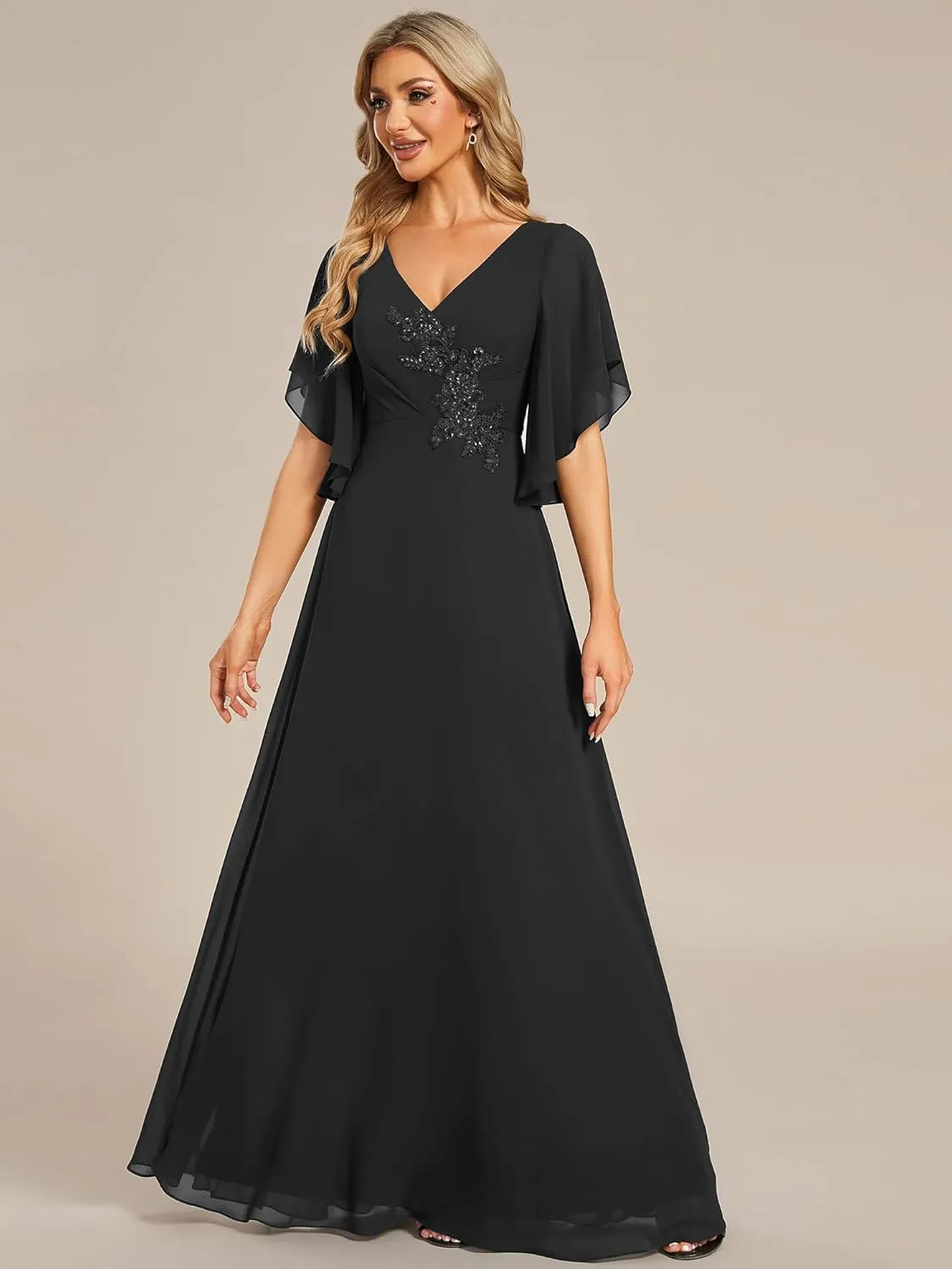 Ever-Pretty Women's V Neck Half Sleeves A Line Applique Maxi Evening Dresses 02033