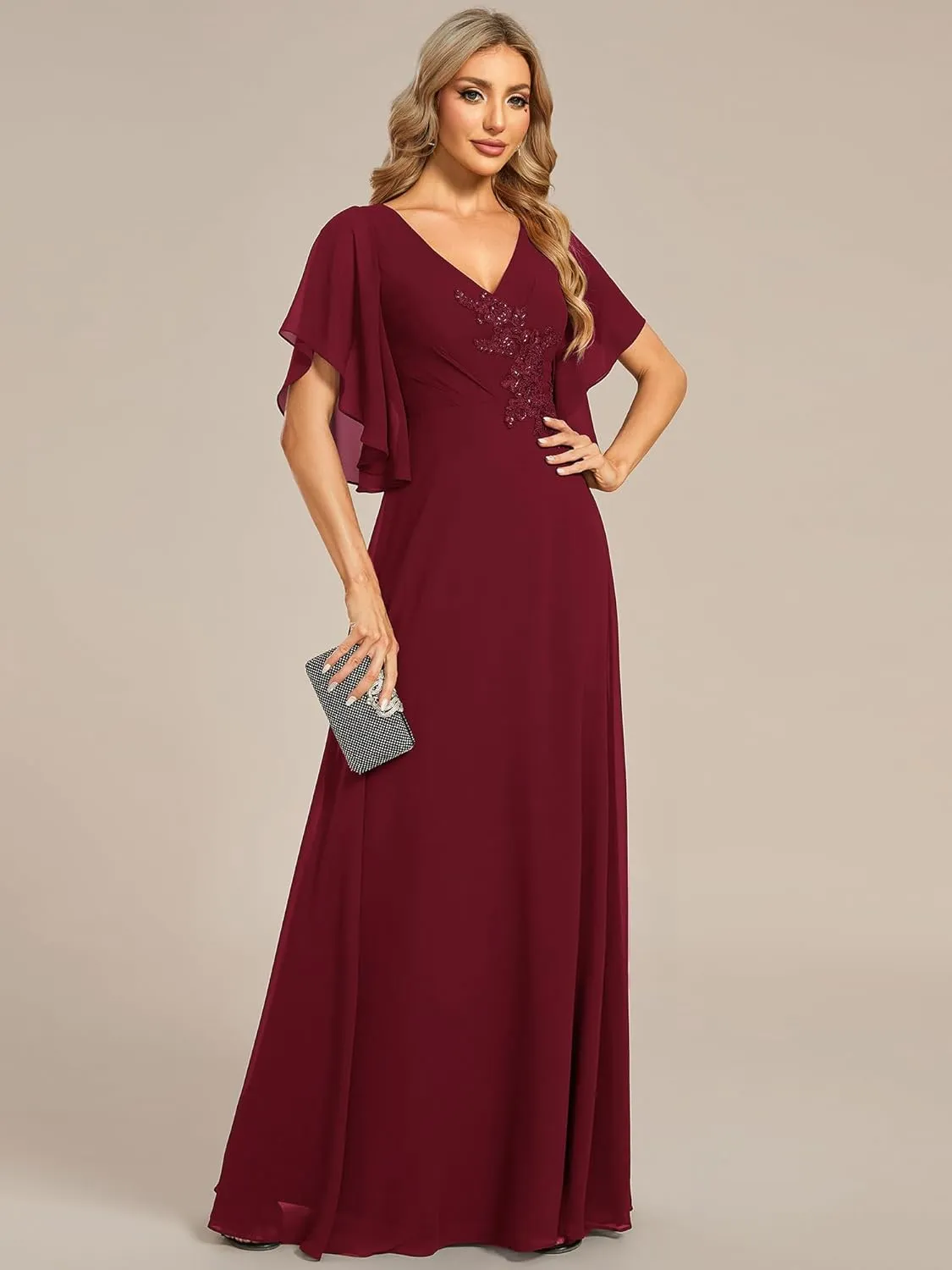 Ever-Pretty Women's V Neck Half Sleeves A Line Applique Maxi Evening Dresses 02033
