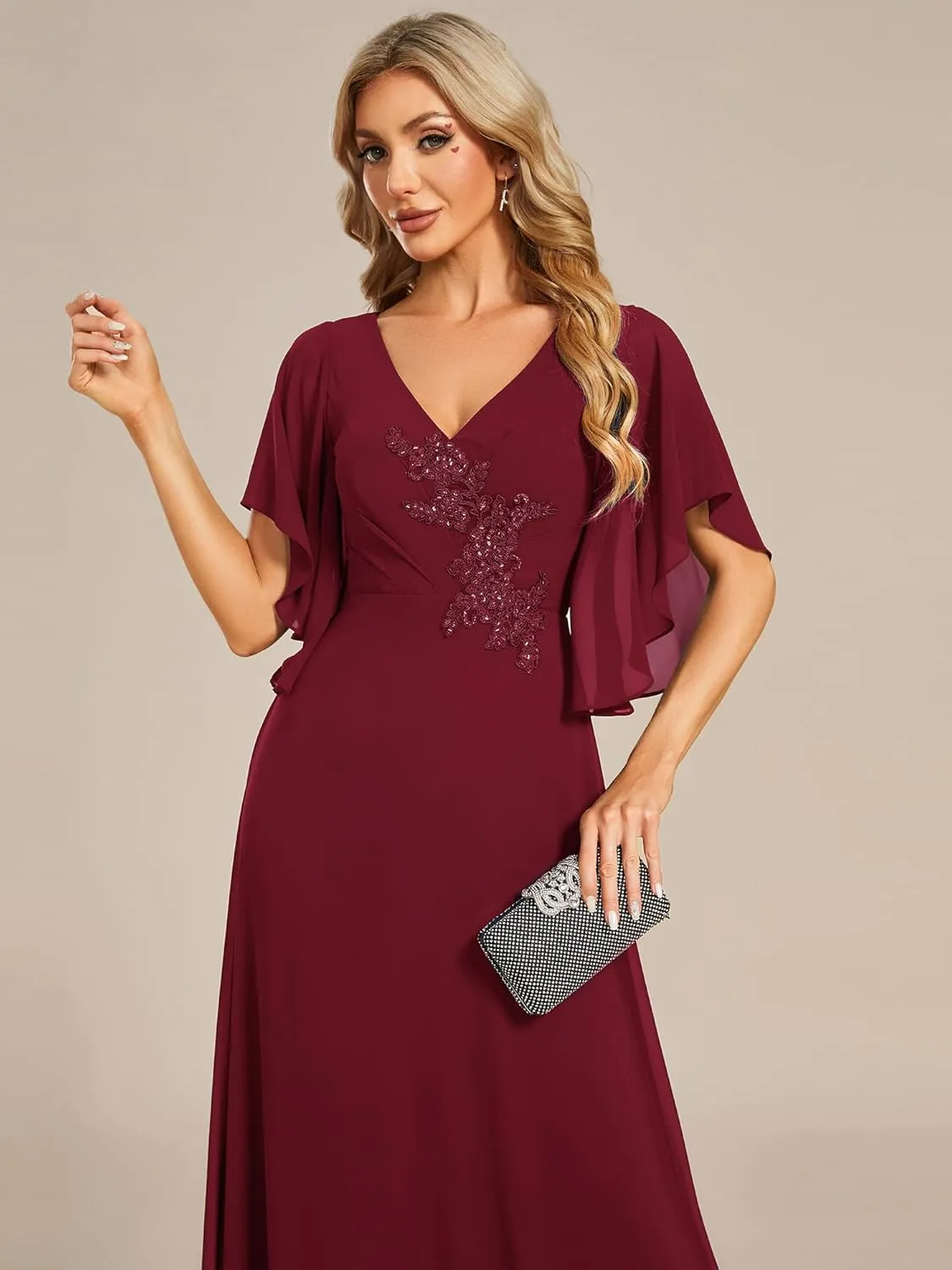 Ever-Pretty Women's V Neck Half Sleeves A Line Applique Maxi Evening Dresses 02033