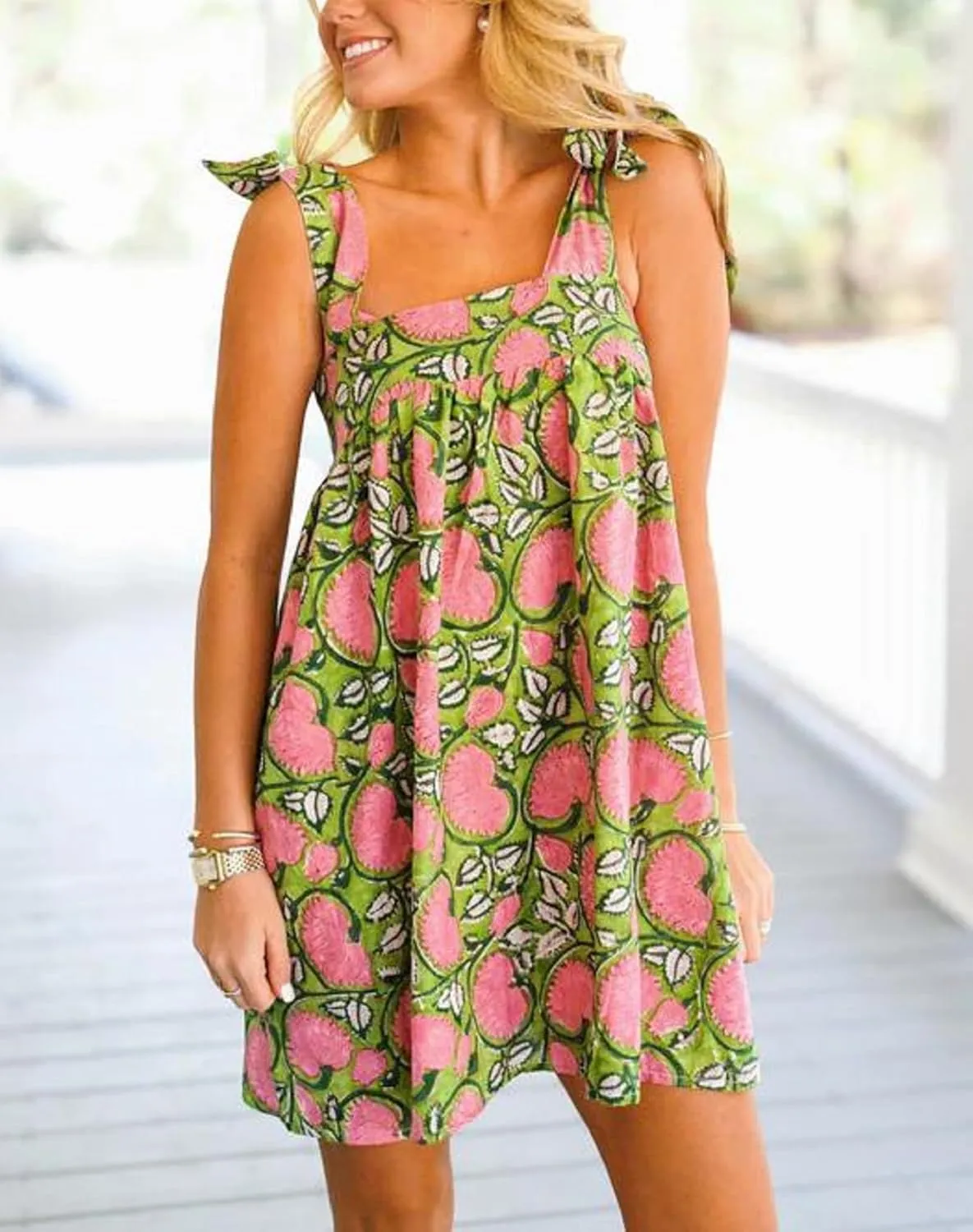 Faretumiya Women Bow Tie Shoulder Mini Dress Y2K Floral Striped Babydoll Short Dress Boho Print Flowy Sundress Going Out