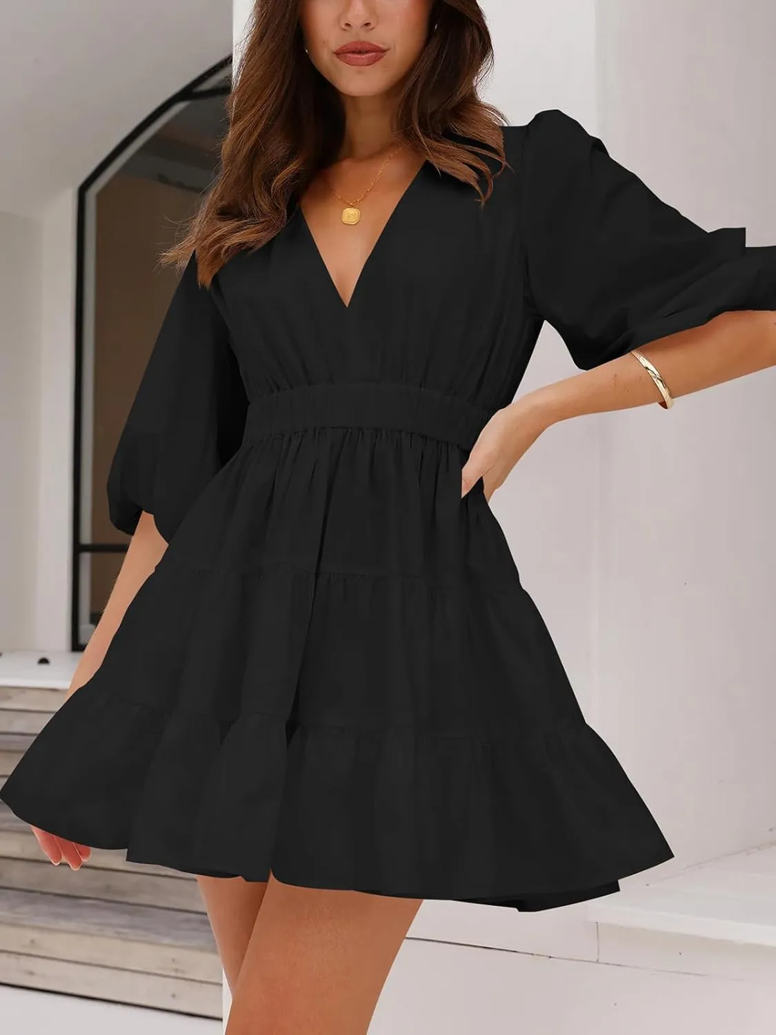 firfig Women's Casual Summer Dresses V Neck Half Sleeve Elastic Waist Flowy Tiered Short Mini Dress S-XXL