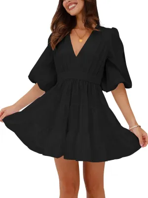 firfig Women's Casual Summer Dresses V Neck Half Sleeve Elastic Waist Flowy Tiered Short Mini Dress S-XXL