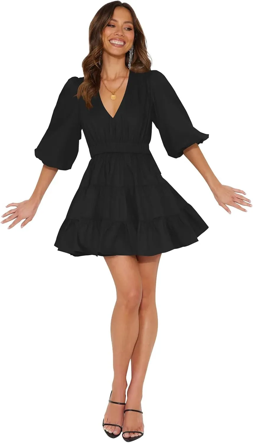 firfig Women's Casual Summer Dresses V Neck Half Sleeve Elastic Waist Flowy Tiered Short Mini Dress S-XXL