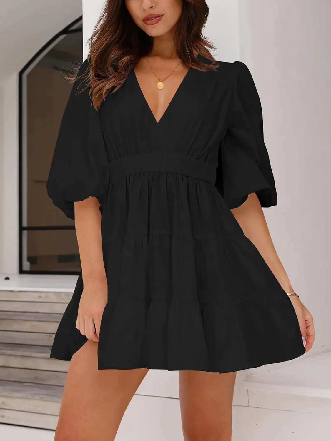 firfig Women's Casual Summer Dresses V Neck Half Sleeve Elastic Waist Flowy Tiered Short Mini Dress S-XXL