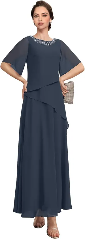 Floor Length Mother of The Bride Dresses for Women Short Sleeves with Beading Chiffon Formal Evening Gowns 2024