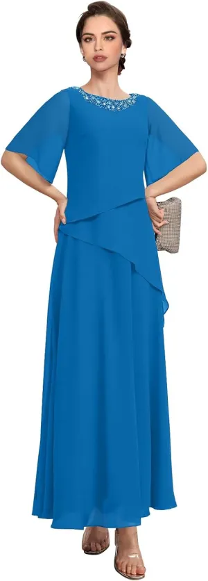 Floor Length Mother of The Bride Dresses for Women Short Sleeves with Beading Chiffon Formal Evening Gowns 2024