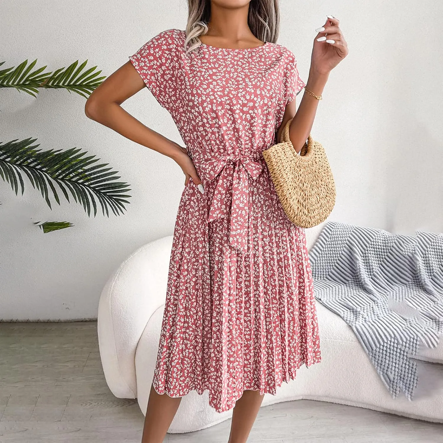 Floral Dress for Women Crewneck Short Sleeve A Line Casual Summer Dresses Chiffon Tie Waist Pleated Midi Boho Dress