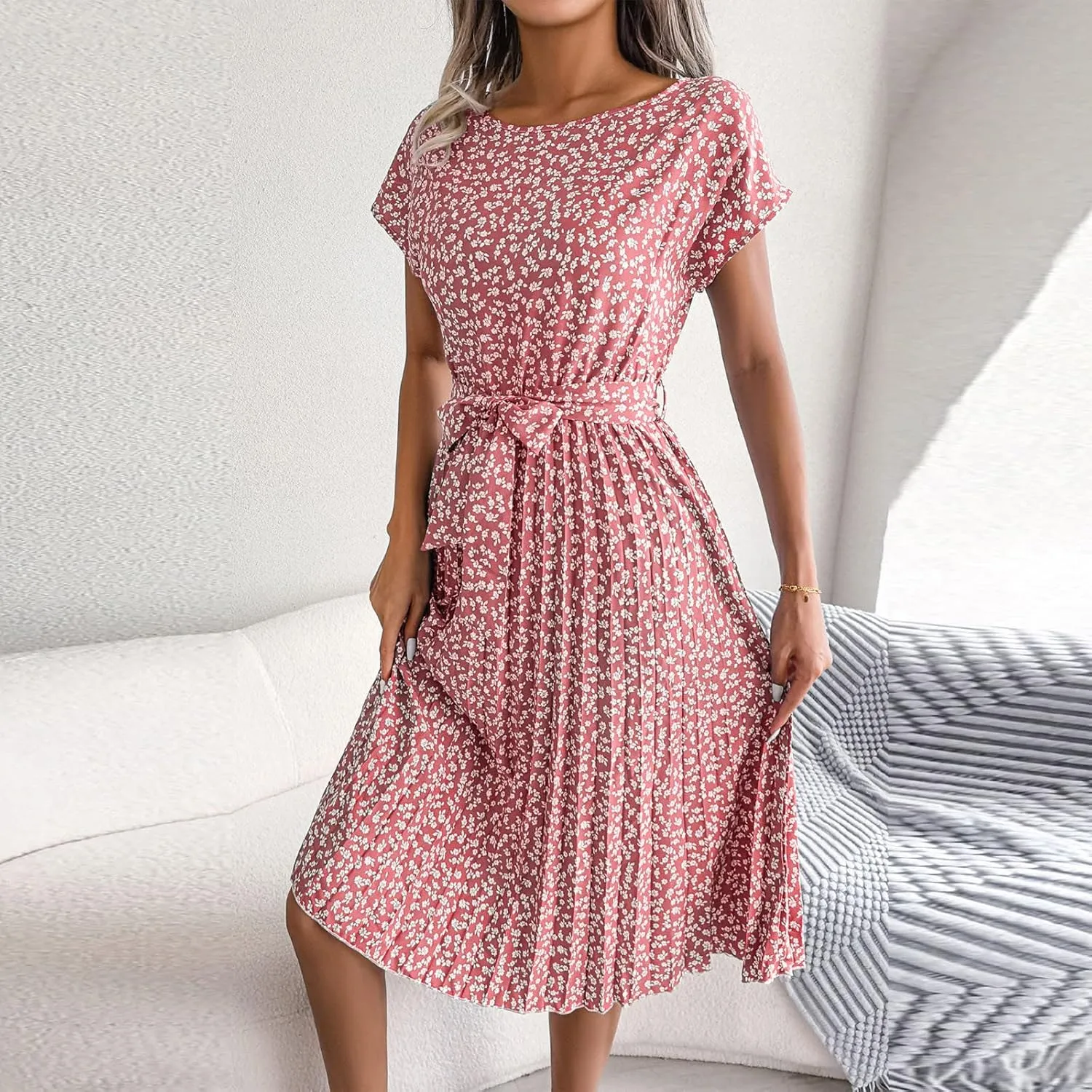 Floral Dress for Women Crewneck Short Sleeve A Line Casual Summer Dresses Chiffon Tie Waist Pleated Midi Boho Dress