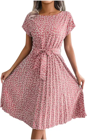 Floral Dress for Women Crewneck Short Sleeve A Line Casual Summer Dresses Chiffon Tie Waist Pleated Midi Boho Dress