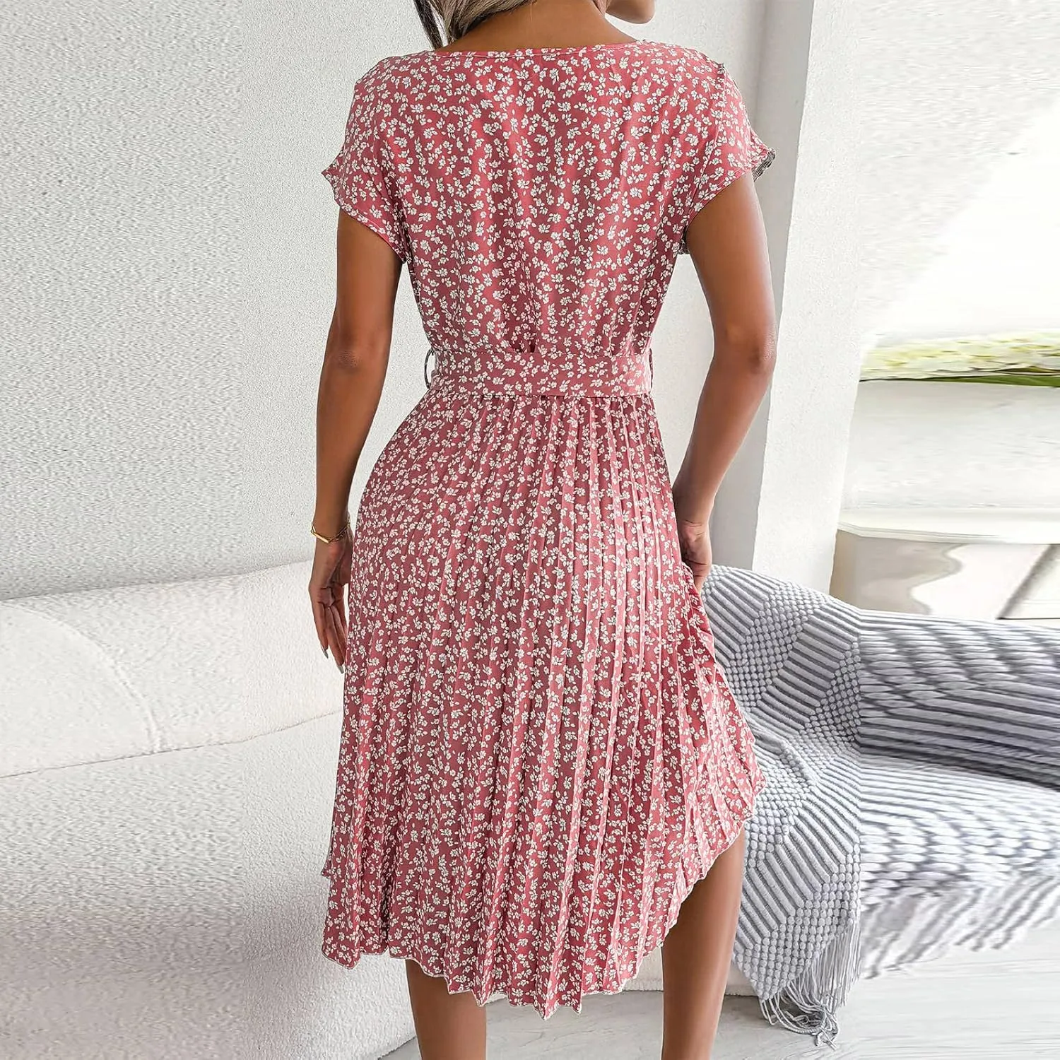 Floral Dress for Women Crewneck Short Sleeve A Line Casual Summer Dresses Chiffon Tie Waist Pleated Midi Boho Dress