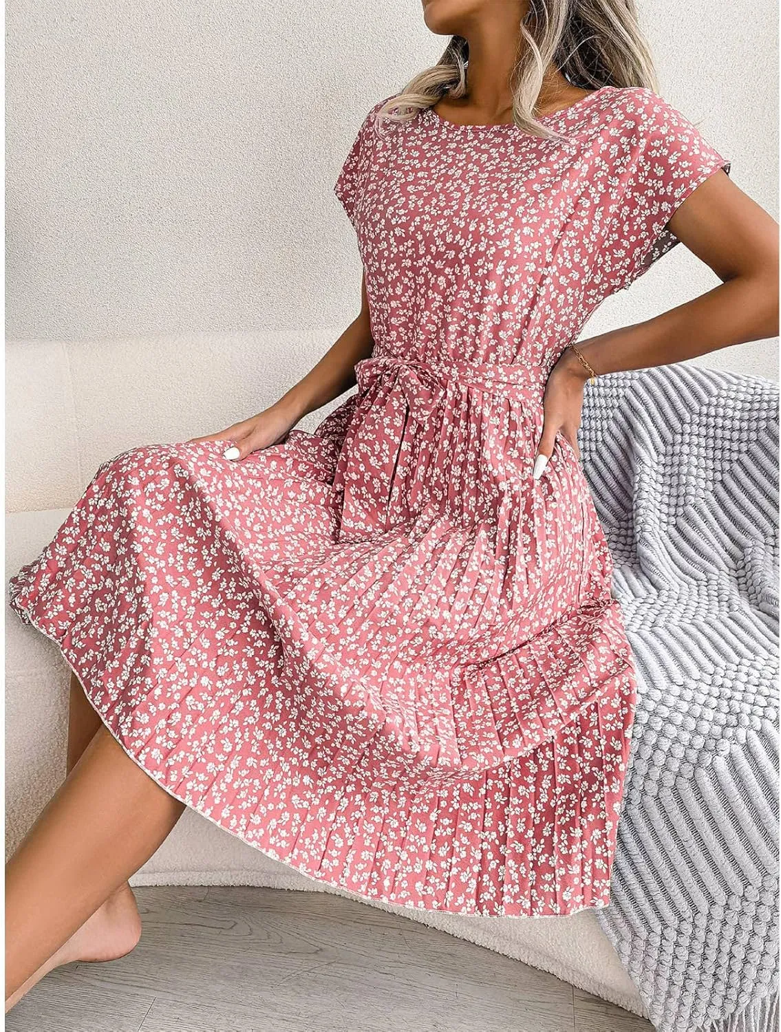 Floral Dress for Women Crewneck Short Sleeve A Line Casual Summer Dresses Chiffon Tie Waist Pleated Midi Boho Dress