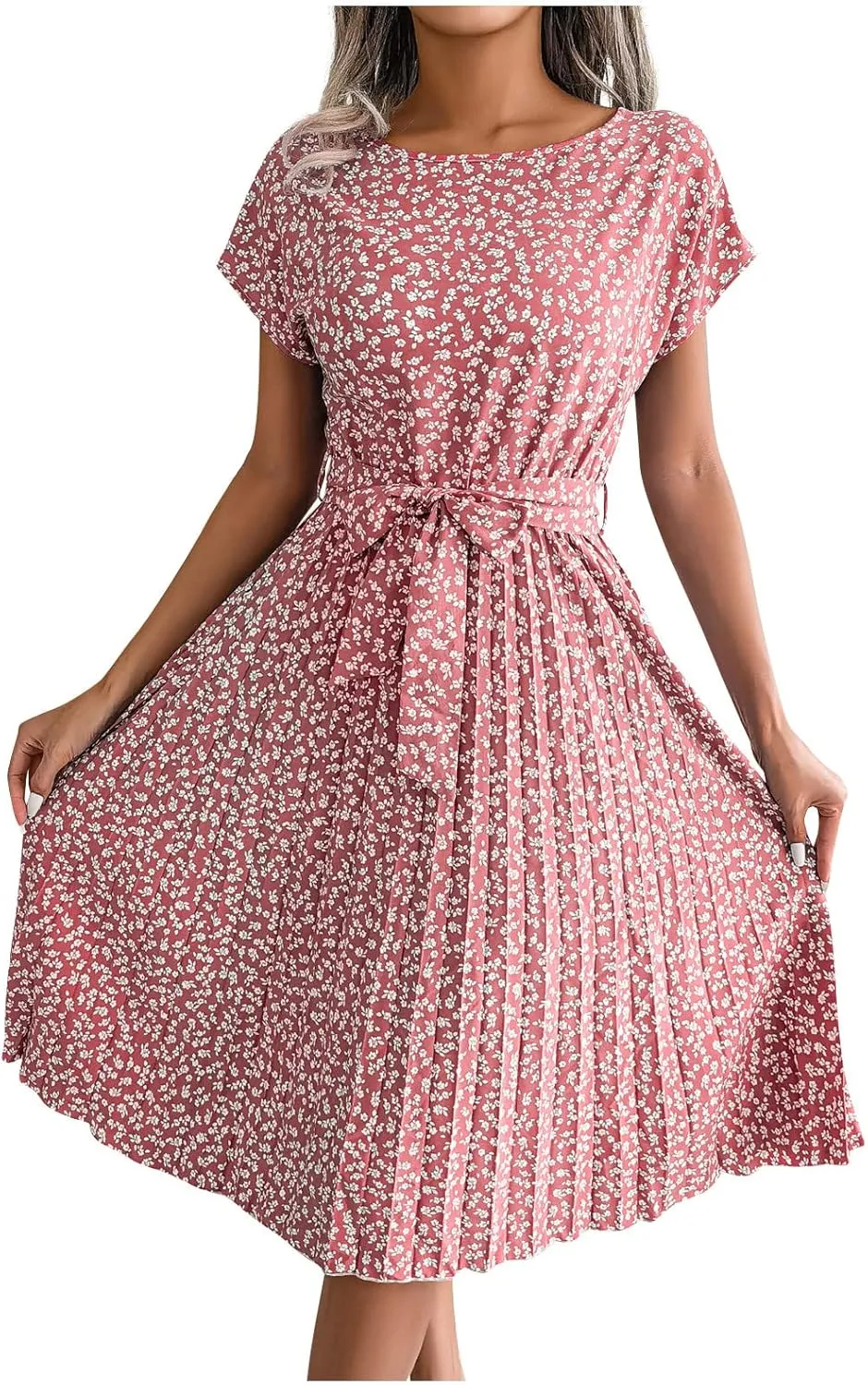 Floral Dress for Women Crewneck Short Sleeve A Line Casual Summer Dresses Chiffon Tie Waist Pleated Midi Boho Dress