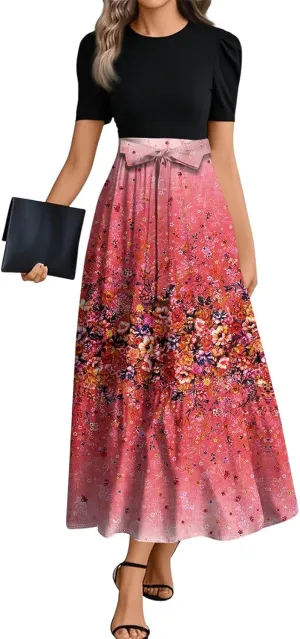 Floral Maxi Dress for Women Summer Crewneck Dressy Tie Waist Short Sleeve Fashion Beach Corset Long Dresses