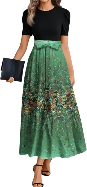 Floral Maxi Dress for Women Summer Crewneck Dressy Tie Waist Short Sleeve Fashion Beach Corset Long Dresses