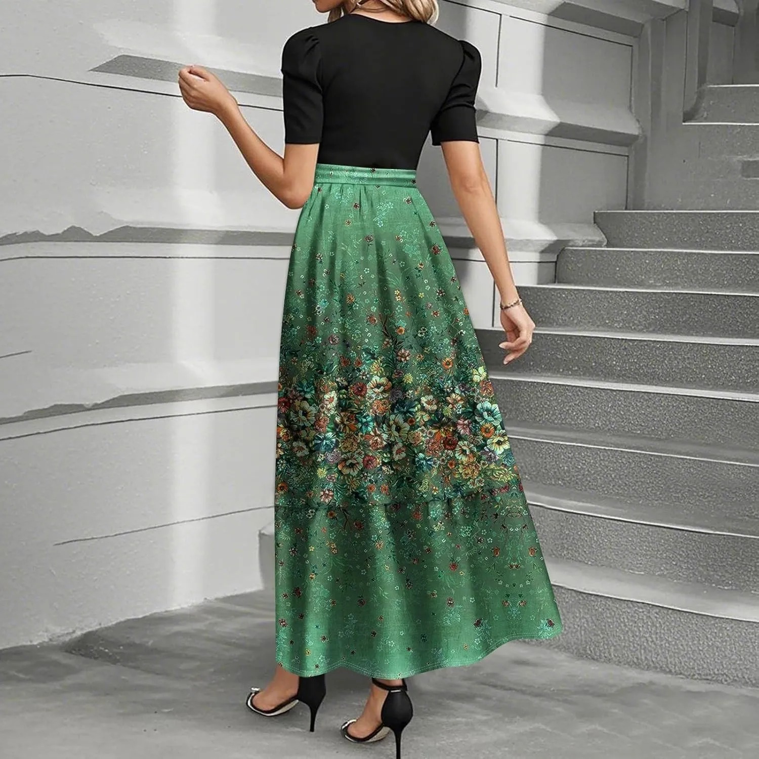 Floral Maxi Dress for Women Summer Crewneck Dressy Tie Waist Short Sleeve Fashion Beach Corset Long Dresses