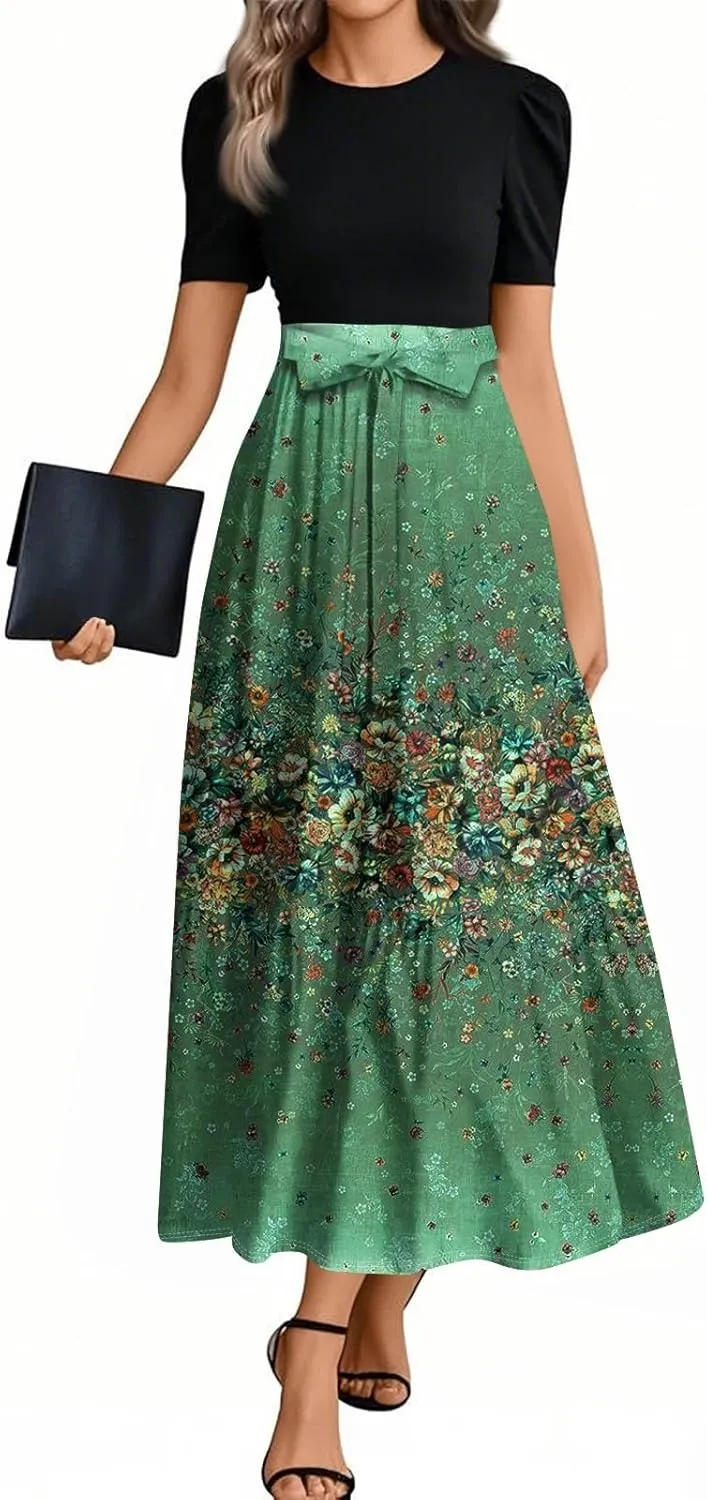 Floral Maxi Dress for Women Summer Crewneck Dressy Tie Waist Short Sleeve Fashion Beach Corset Long Dresses