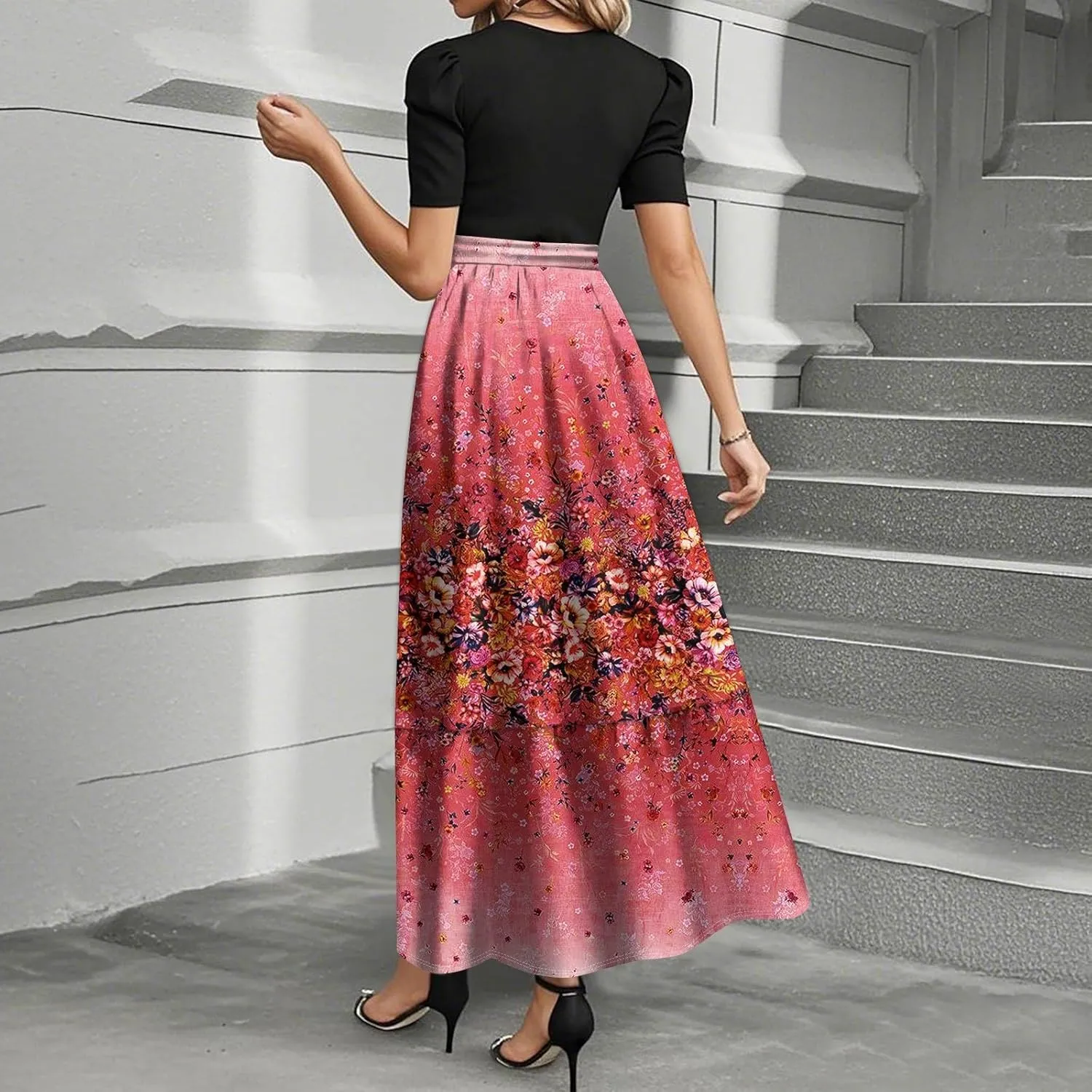 Floral Maxi Dress for Women Summer Crewneck Dressy Tie Waist Short Sleeve Fashion Beach Corset Long Dresses